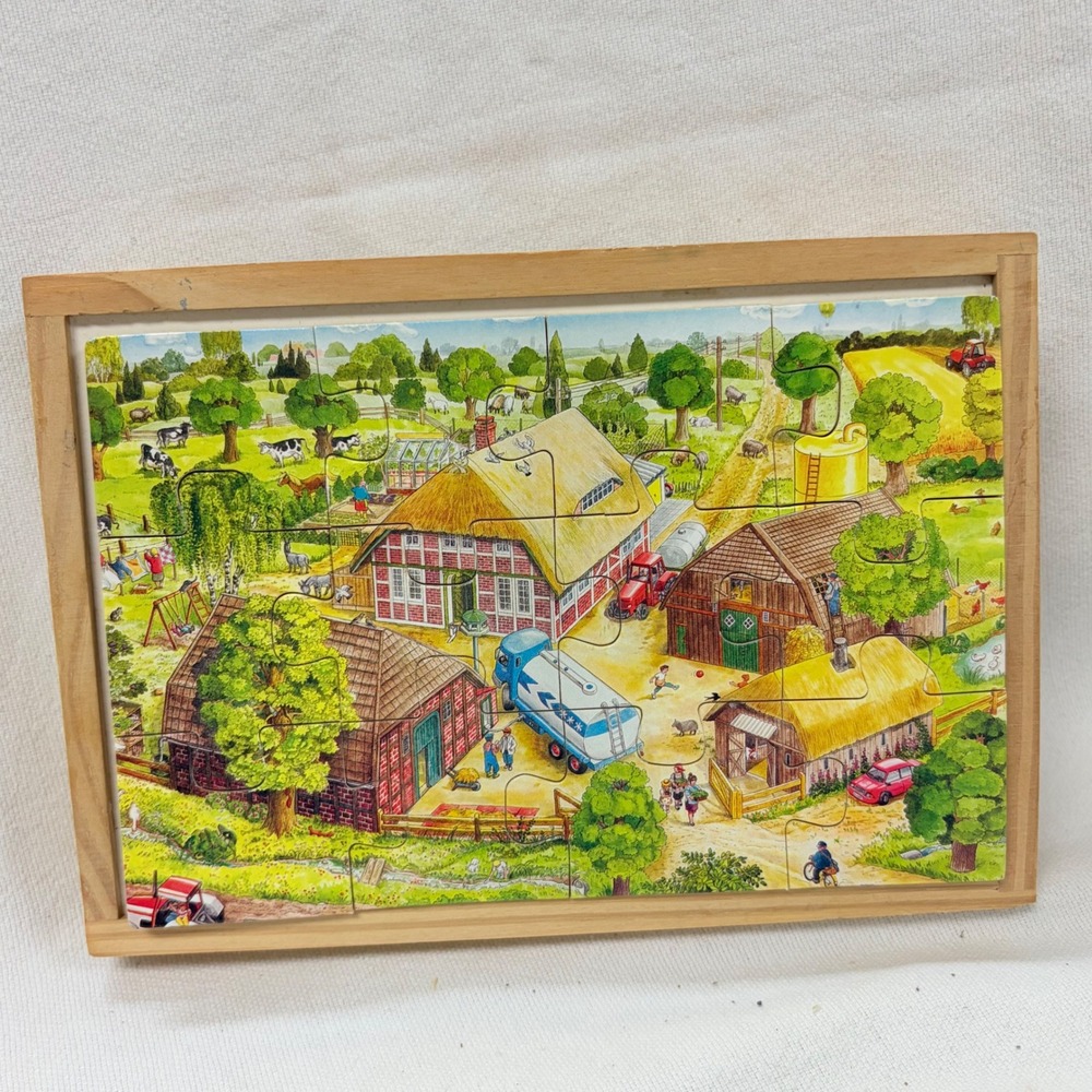 Vintage Wooden Farm Jigsaw Puzzle Set 4 Puzzles in Wood Tray Box Color Coded - Picture 3 of 9